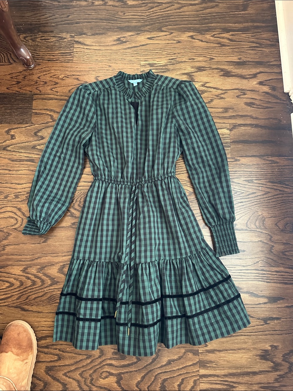 Draper James Green and Black Gingham Long-Sleeve Tiered Dress